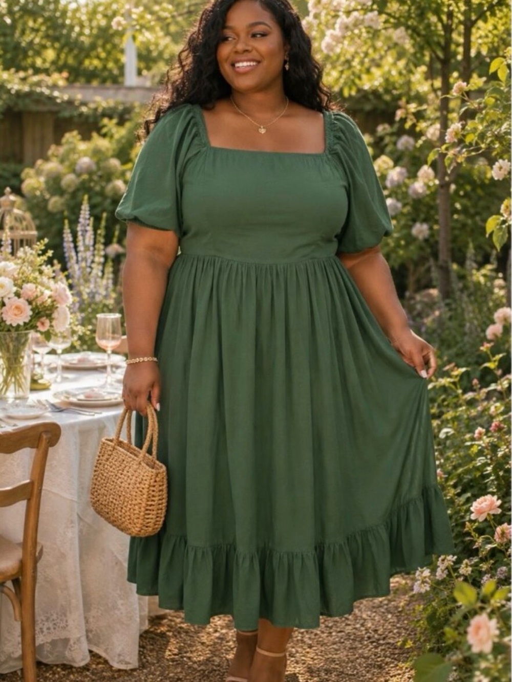 JessaKae Deep Olive Square Neck Midi Dress with Puff Sleeves